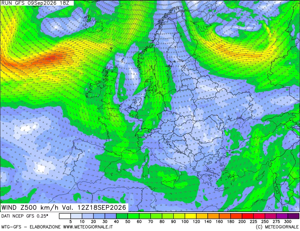 mappa 500 hPa Vento forza e direzione