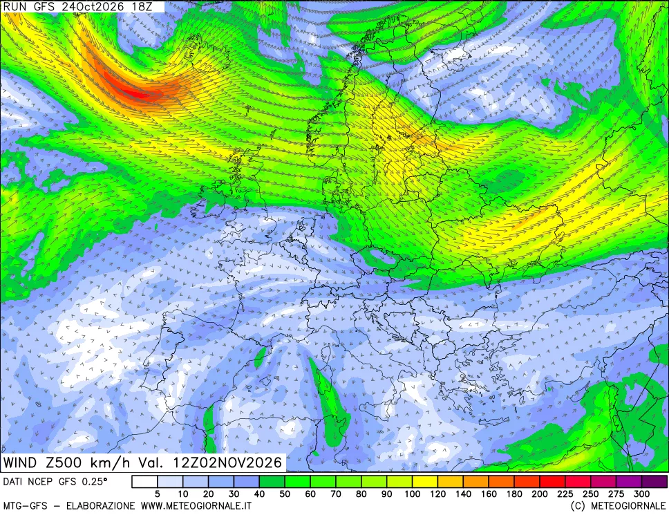 mappa 500 hPa Vento forza e direzione