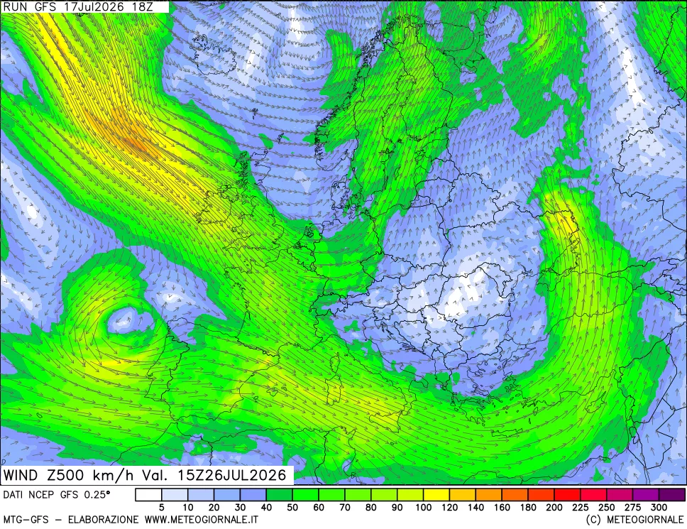 mappa 500 hPa Vento forza e direzione