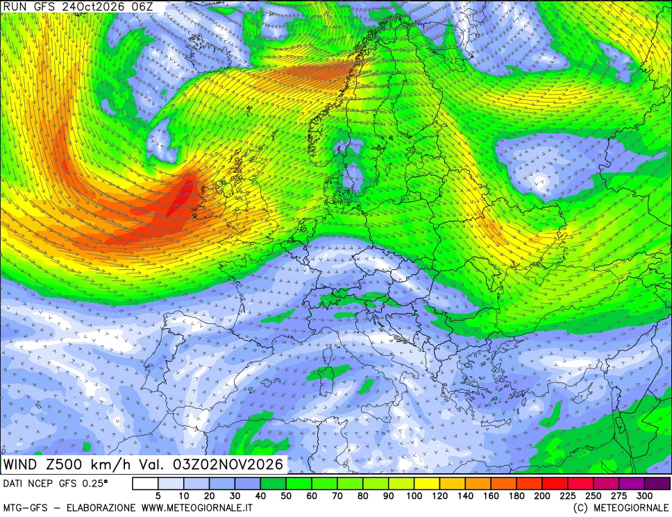 mappa 500 hPa Vento forza e direzione