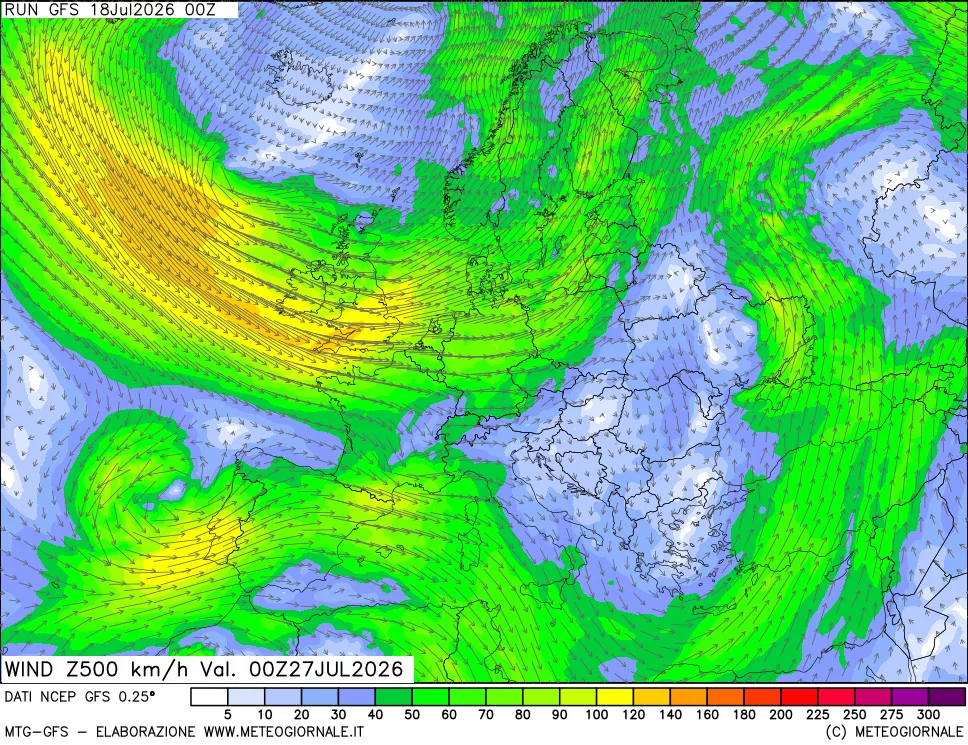 mappa 500 hPa Vento forza e direzione