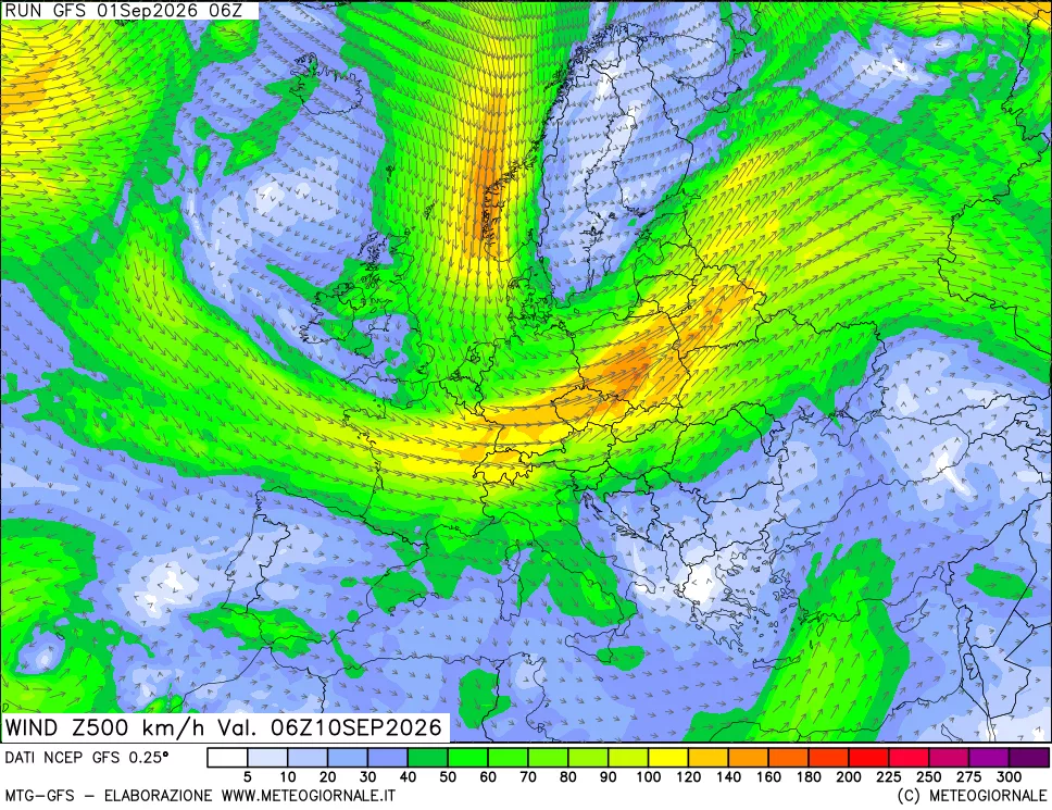 mappa 500 hPa Vento forza e direzione