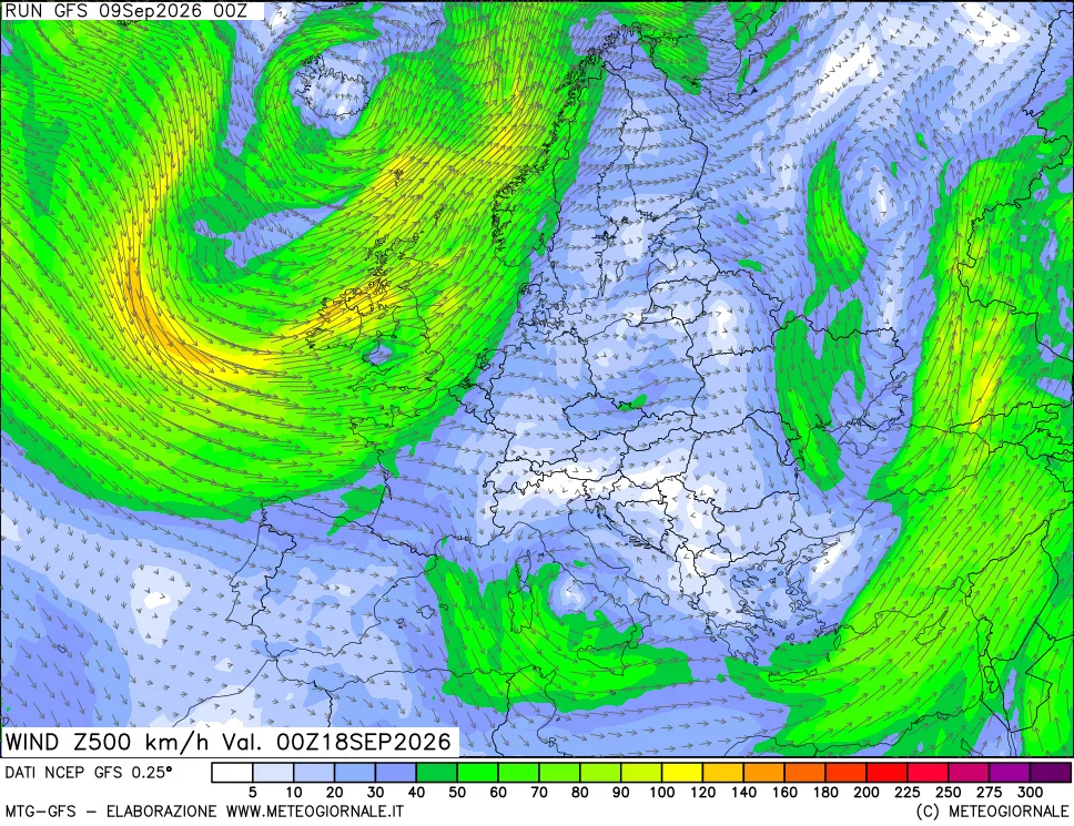 mappa 500 hPa Vento forza e direzione