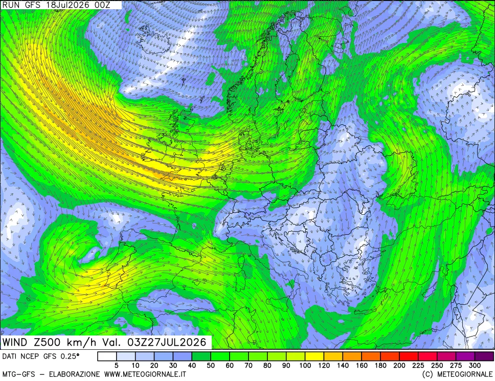 mappa 500 hPa Vento forza e direzione