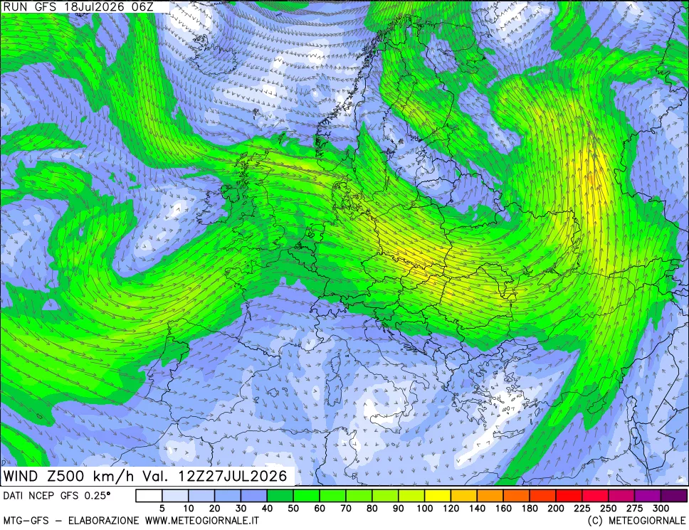 mappa 500 hPa Vento forza e direzione