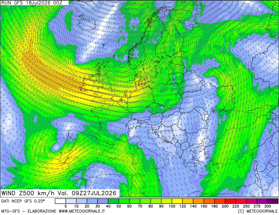 mappa 500 hPa Vento forza e direzione