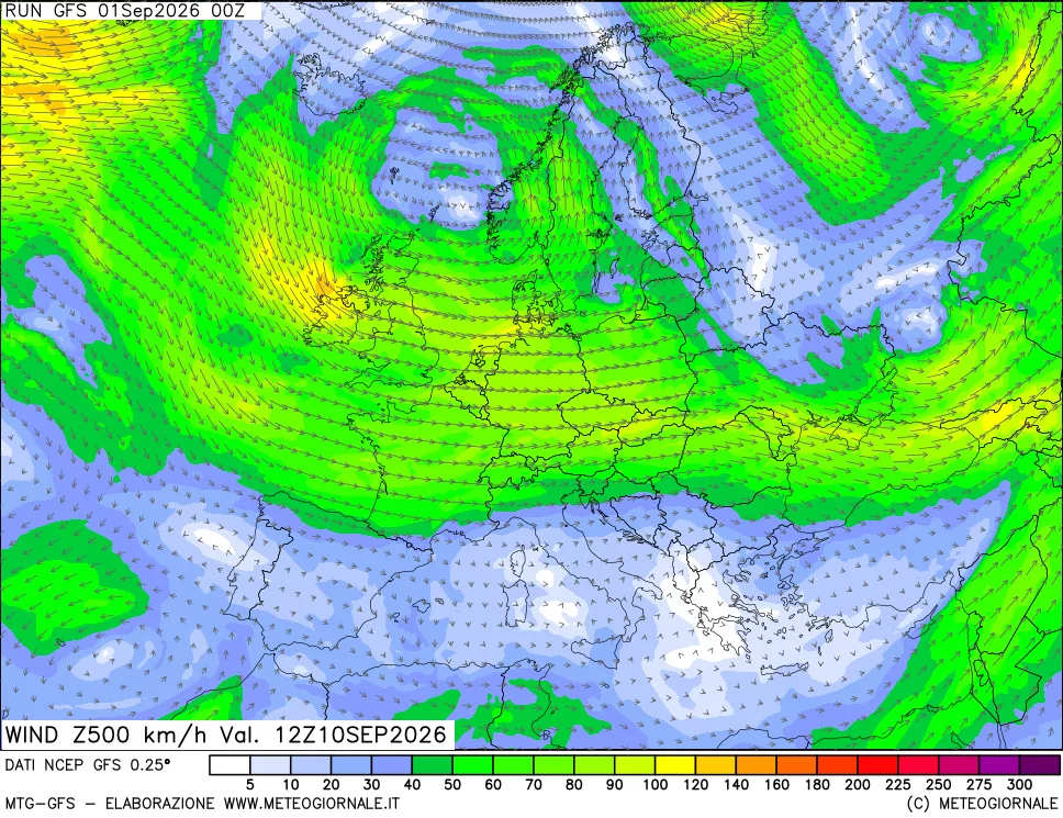 mappa 500 hPa Vento forza e direzione