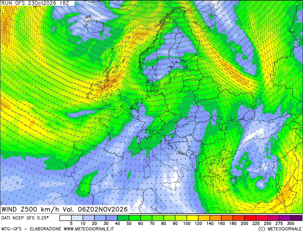 mappa 500 hPa Vento forza e direzione