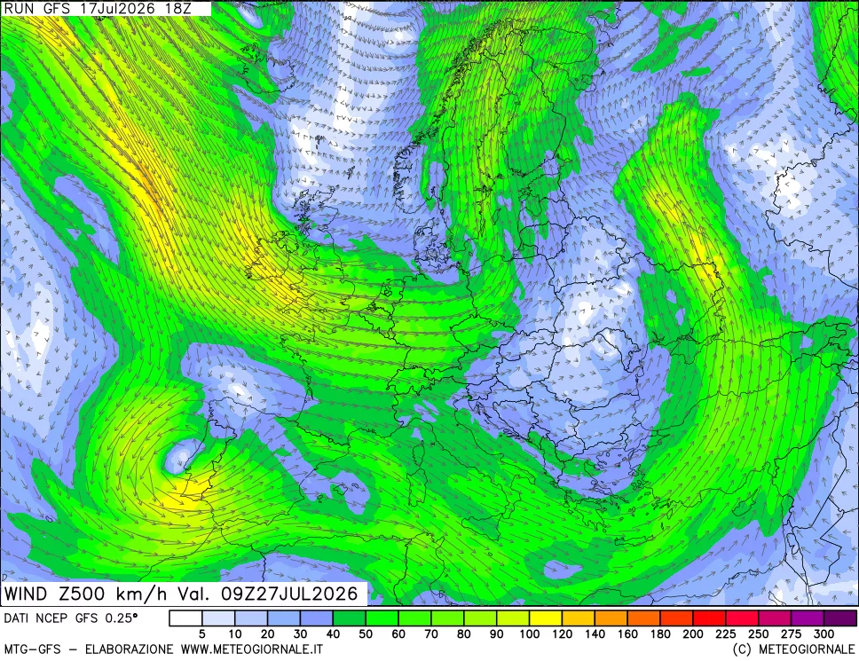 mappa 500 hPa Vento forza e direzione