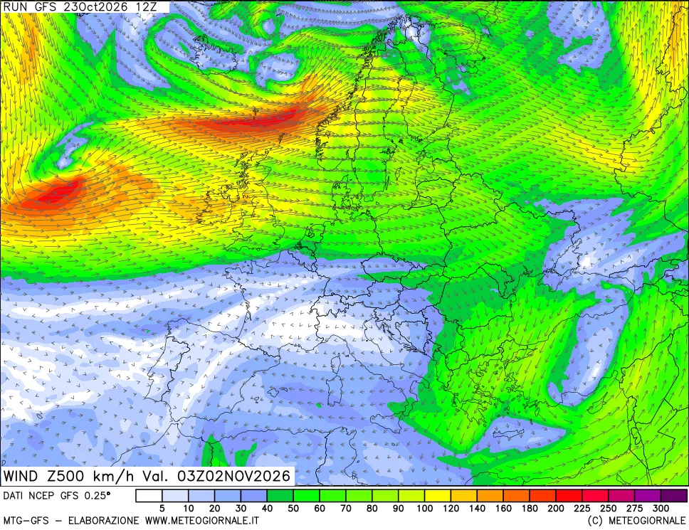 mappa 500 hPa Vento forza e direzione