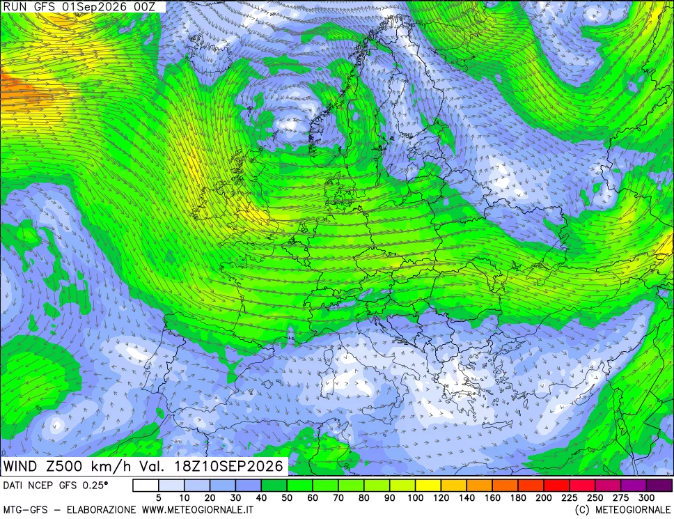 mappa 500 hPa Vento forza e direzione