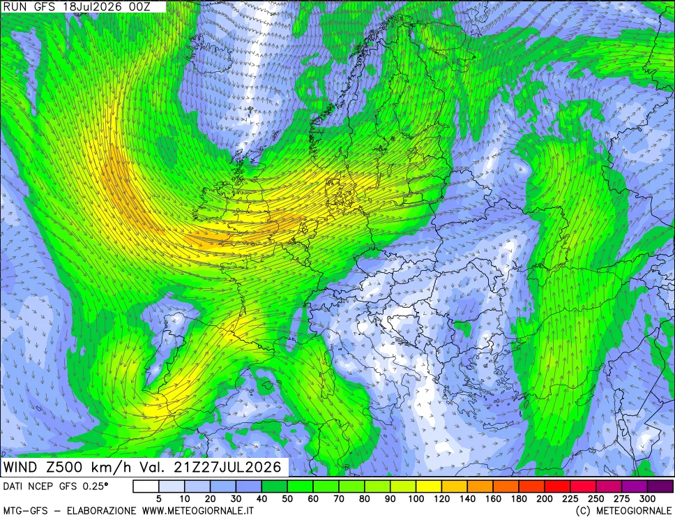 mappa 500 hPa Vento forza e direzione