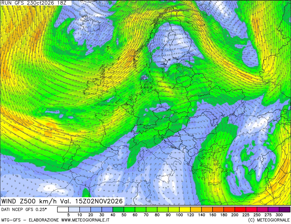 mappa 500 hPa Vento forza e direzione