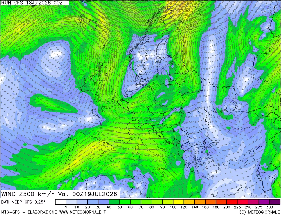 mappa 500 hPa Vento forza e direzione