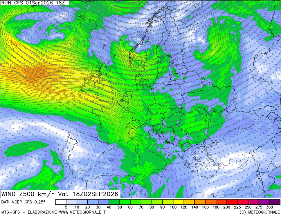 mappa 500 hPa Vento forza e direzione