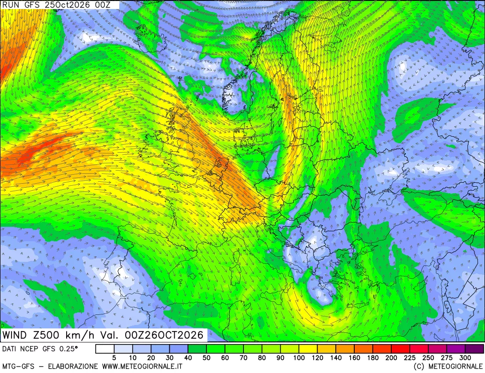 mappa 500 hPa Vento forza e direzione