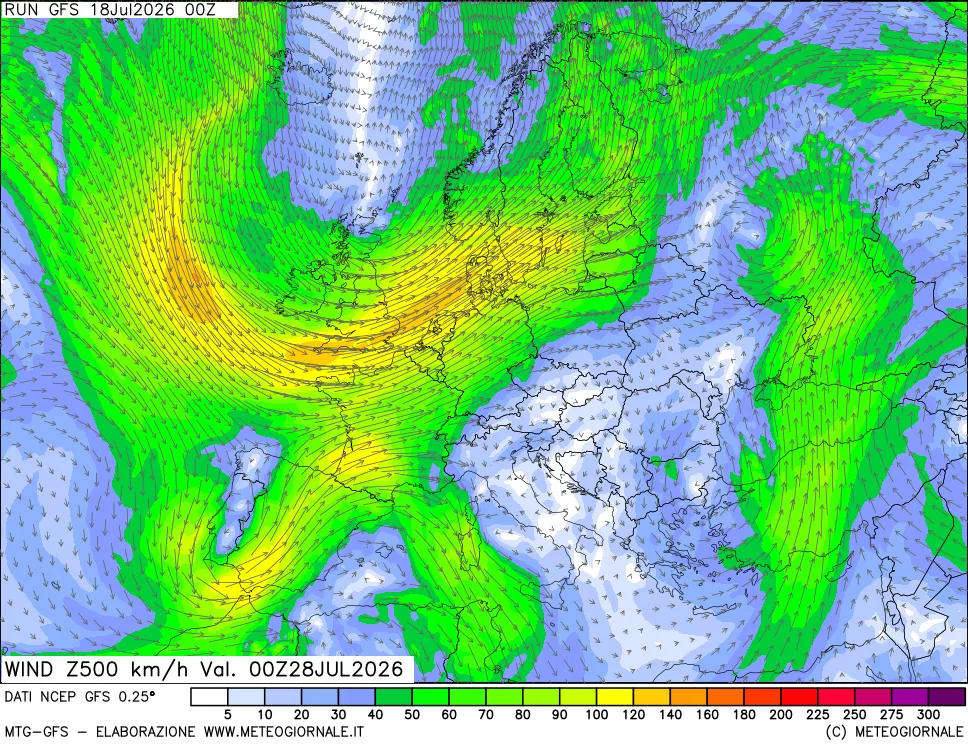 mappa 500 hPa Vento forza e direzione