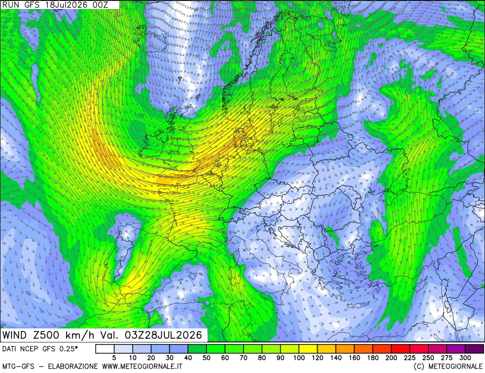 mappa 500 hPa Vento forza e direzione