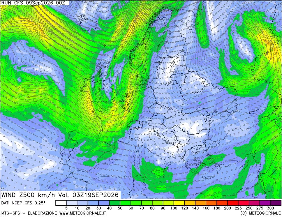 mappa 500 hPa Vento forza e direzione