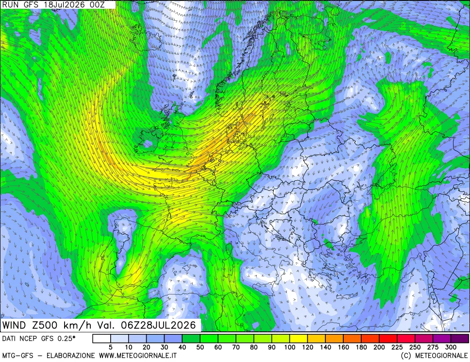 mappa 500 hPa Vento forza e direzione