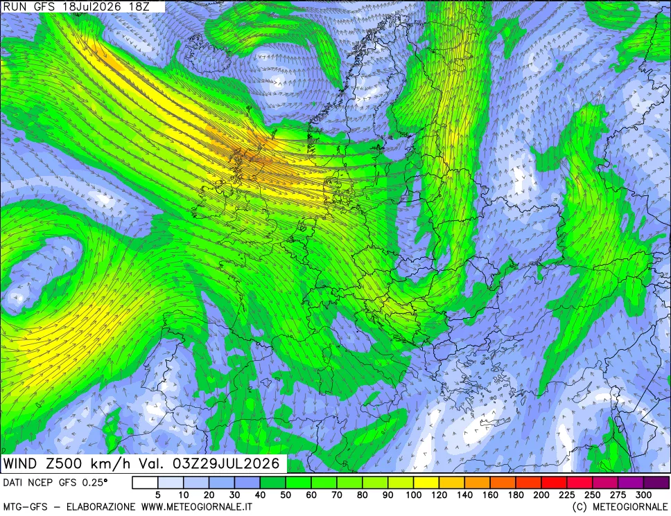 mappa 500 hPa Vento forza e direzione