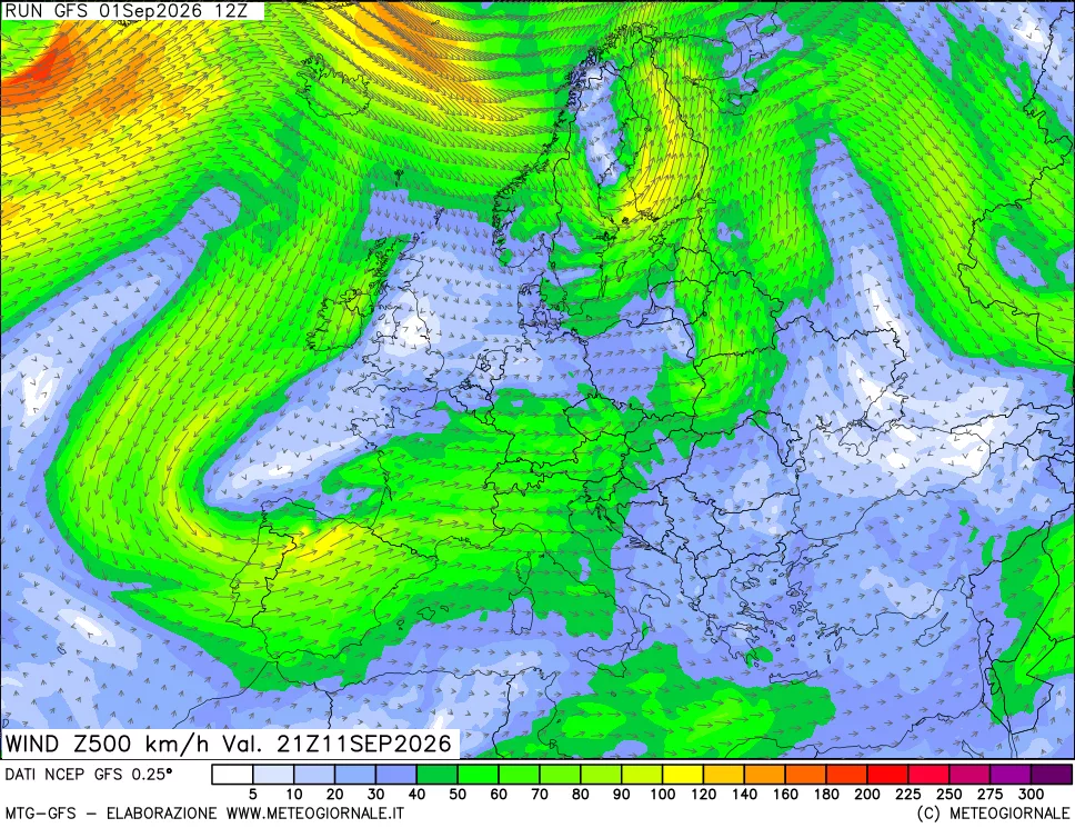 mappa 500 hPa Vento forza e direzione