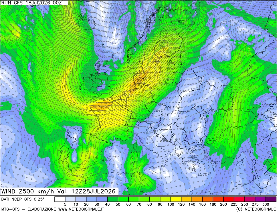 mappa 500 hPa Vento forza e direzione