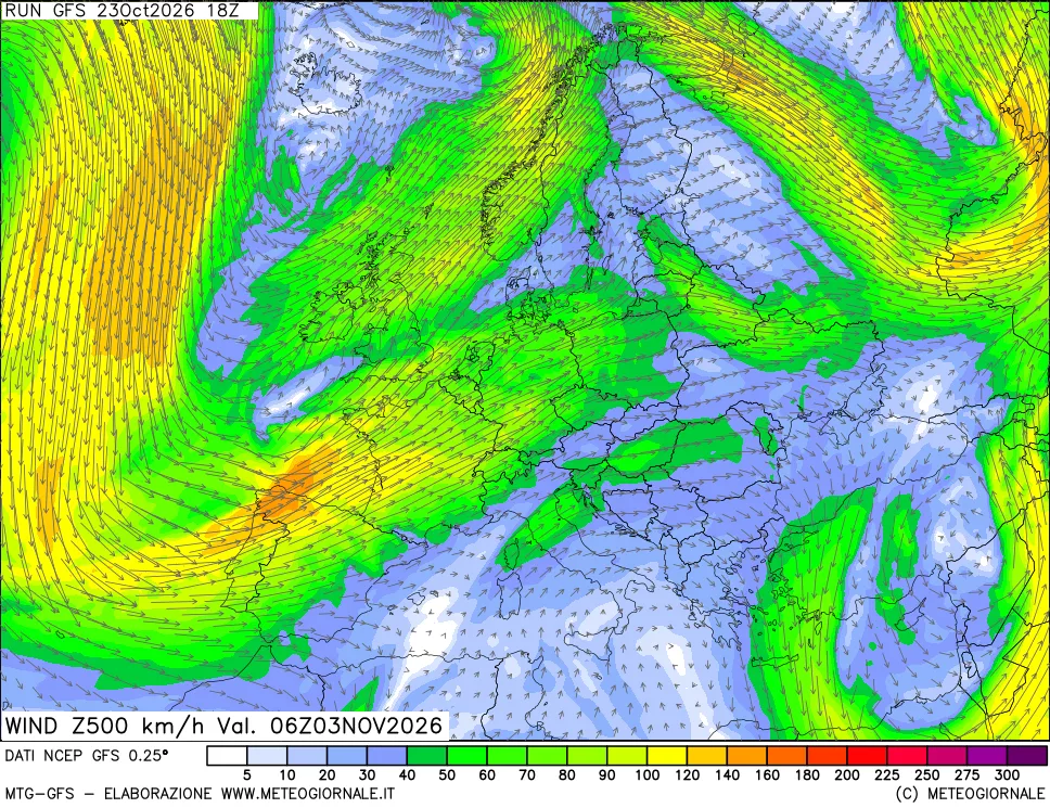mappa 500 hPa Vento forza e direzione