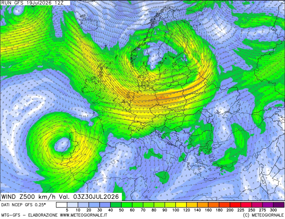 mappa 500 hPa Vento forza e direzione