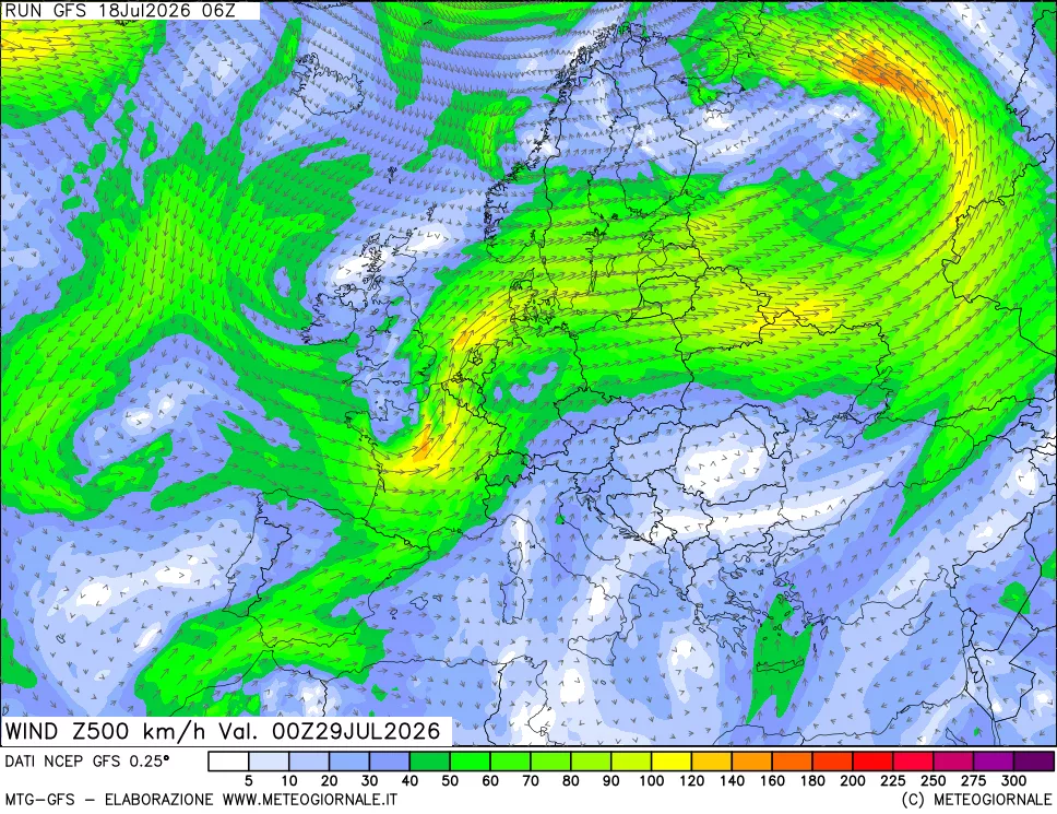 mappa 500 hPa Vento forza e direzione