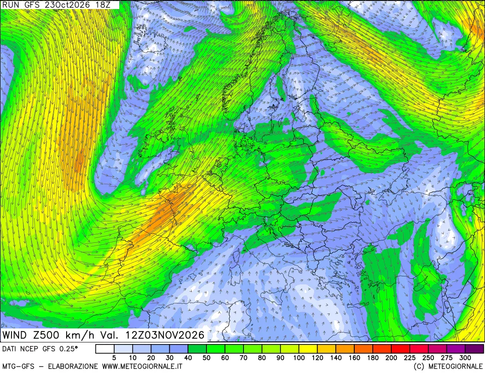 mappa 500 hPa Vento forza e direzione