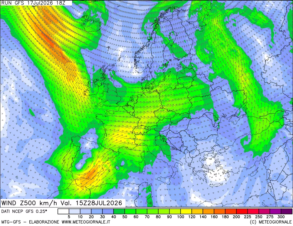 mappa 500 hPa Vento forza e direzione
