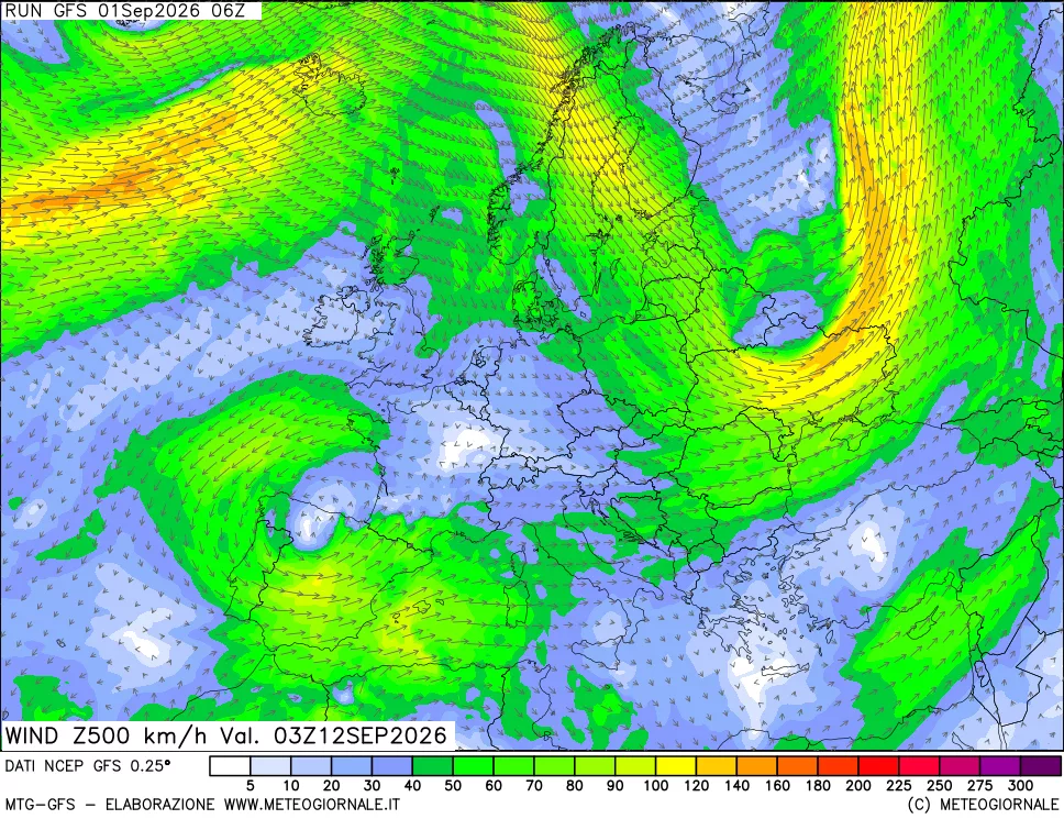 mappa 500 hPa Vento forza e direzione
