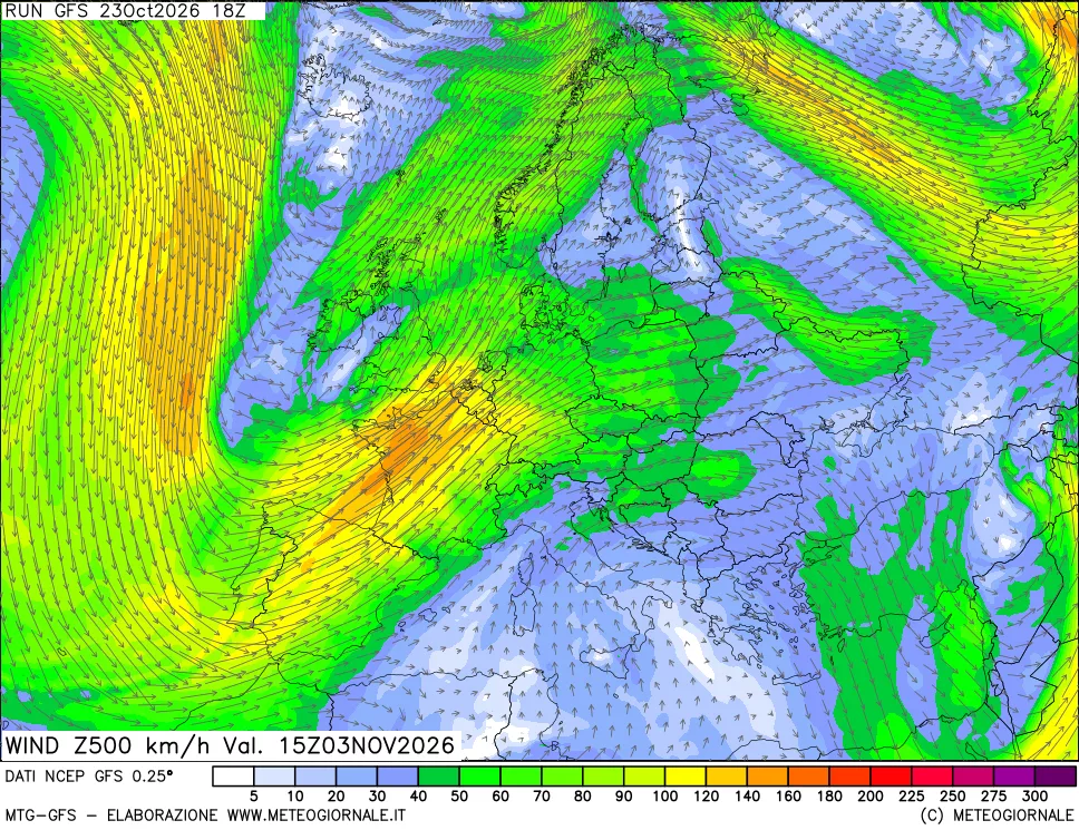 mappa 500 hPa Vento forza e direzione