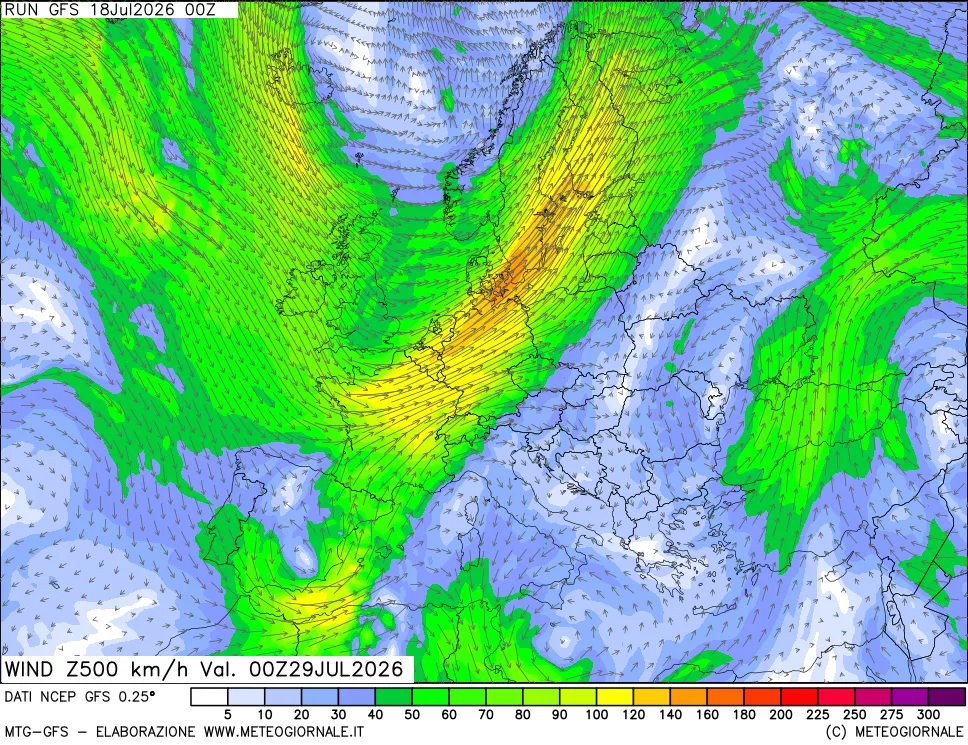 mappa 500 hPa Vento forza e direzione