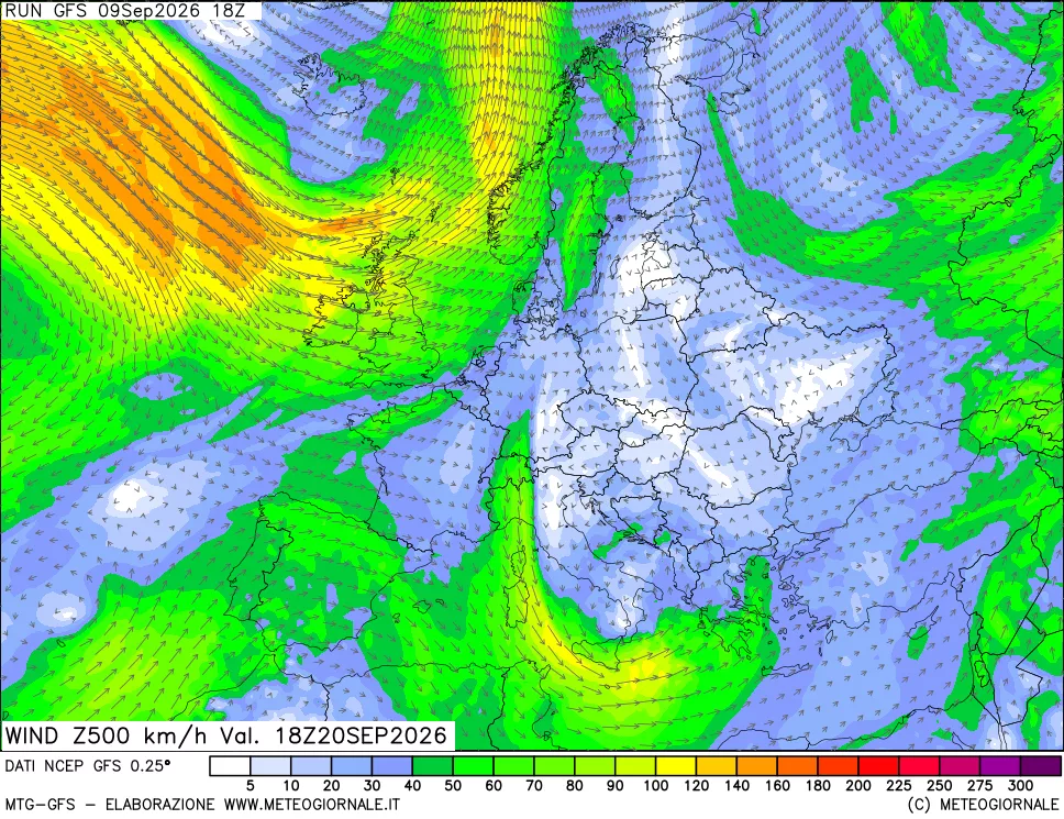 mappa 500 hPa Vento forza e direzione