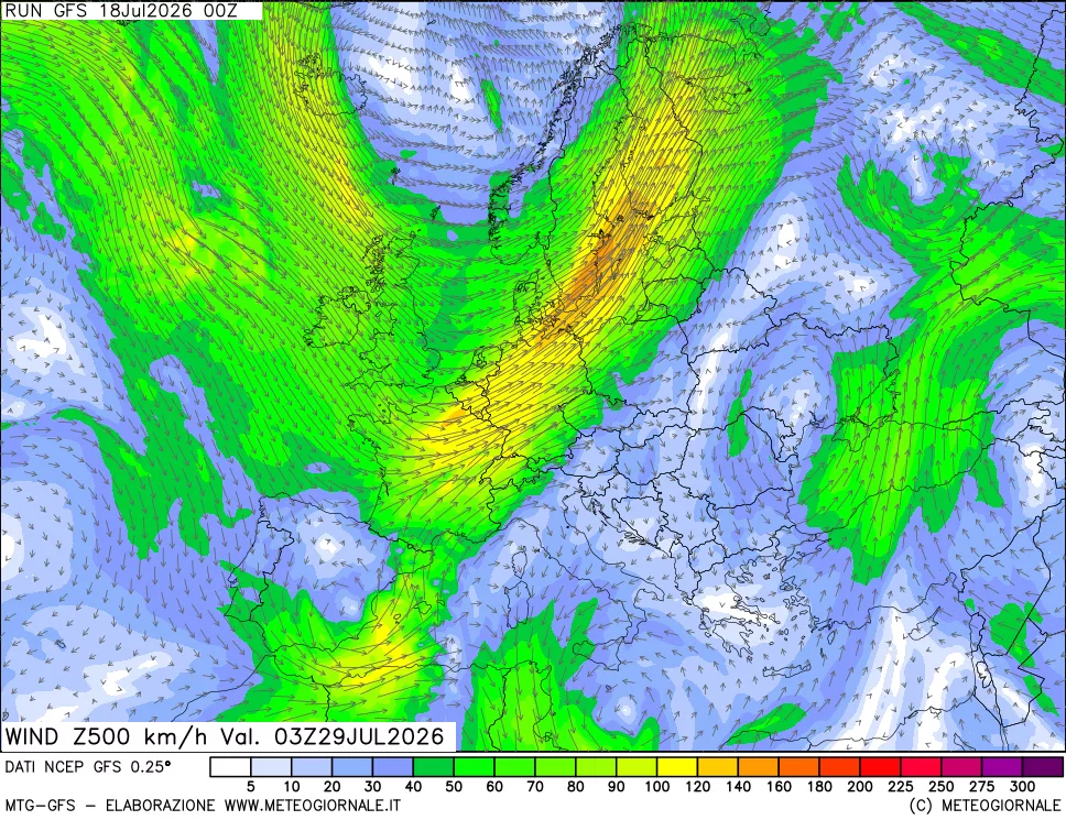 mappa 500 hPa Vento forza e direzione