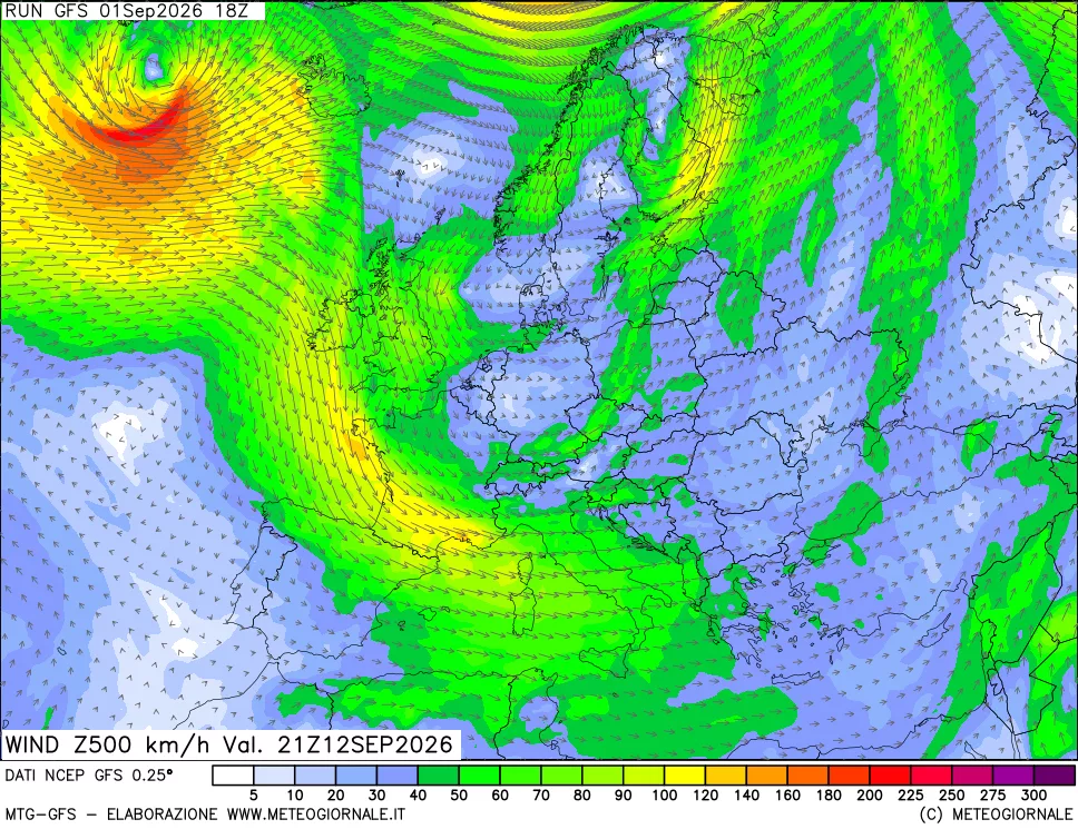 mappa 500 hPa Vento forza e direzione