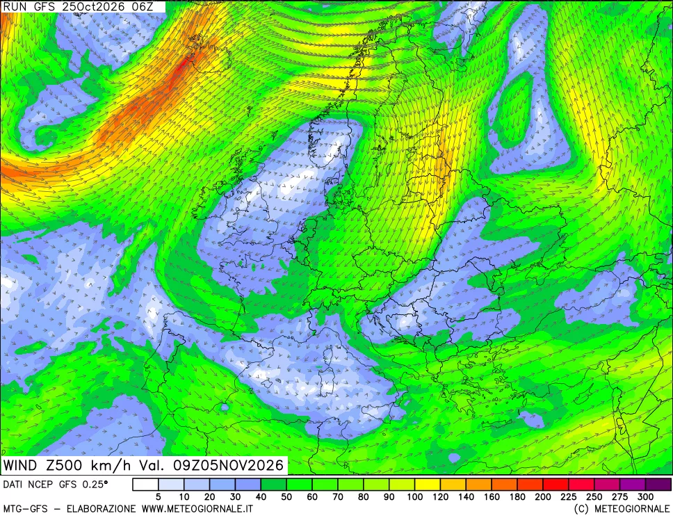 mappa 500 hPa Vento forza e direzione