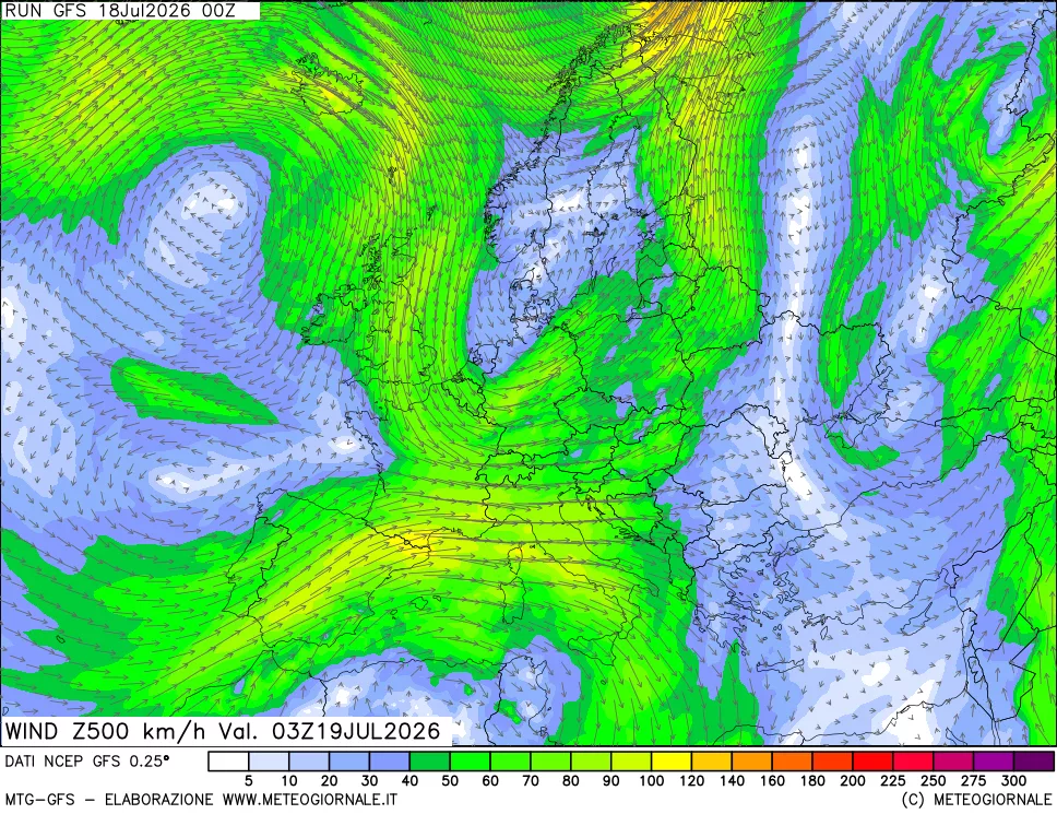 mappa 500 hPa Vento forza e direzione