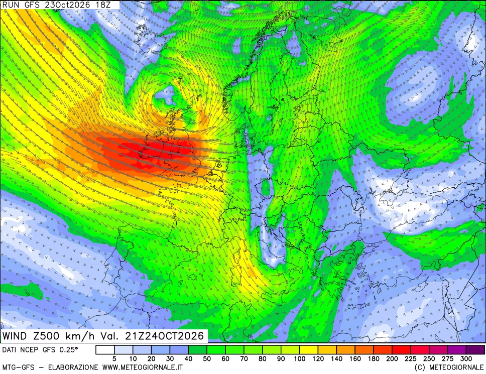 mappa 500 hPa Vento forza e direzione