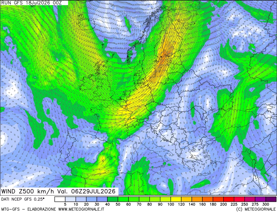 mappa 500 hPa Vento forza e direzione
