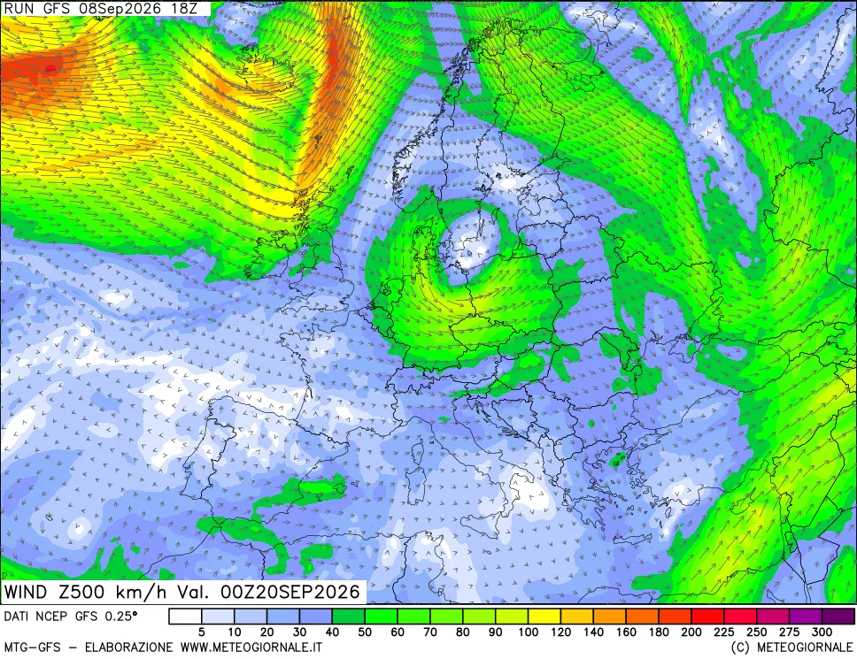 mappa 500 hPa Vento forza e direzione