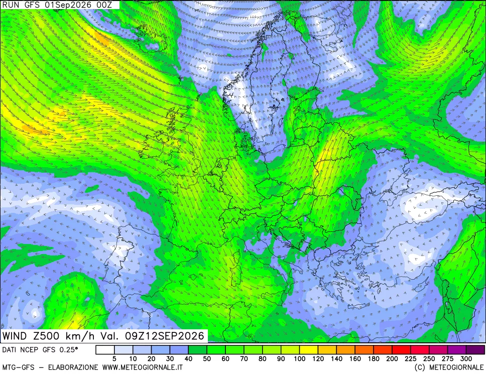 mappa 500 hPa Vento forza e direzione