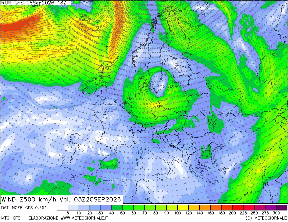 mappa 500 hPa Vento forza e direzione