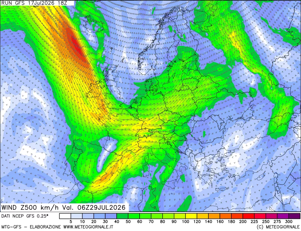 mappa 500 hPa Vento forza e direzione