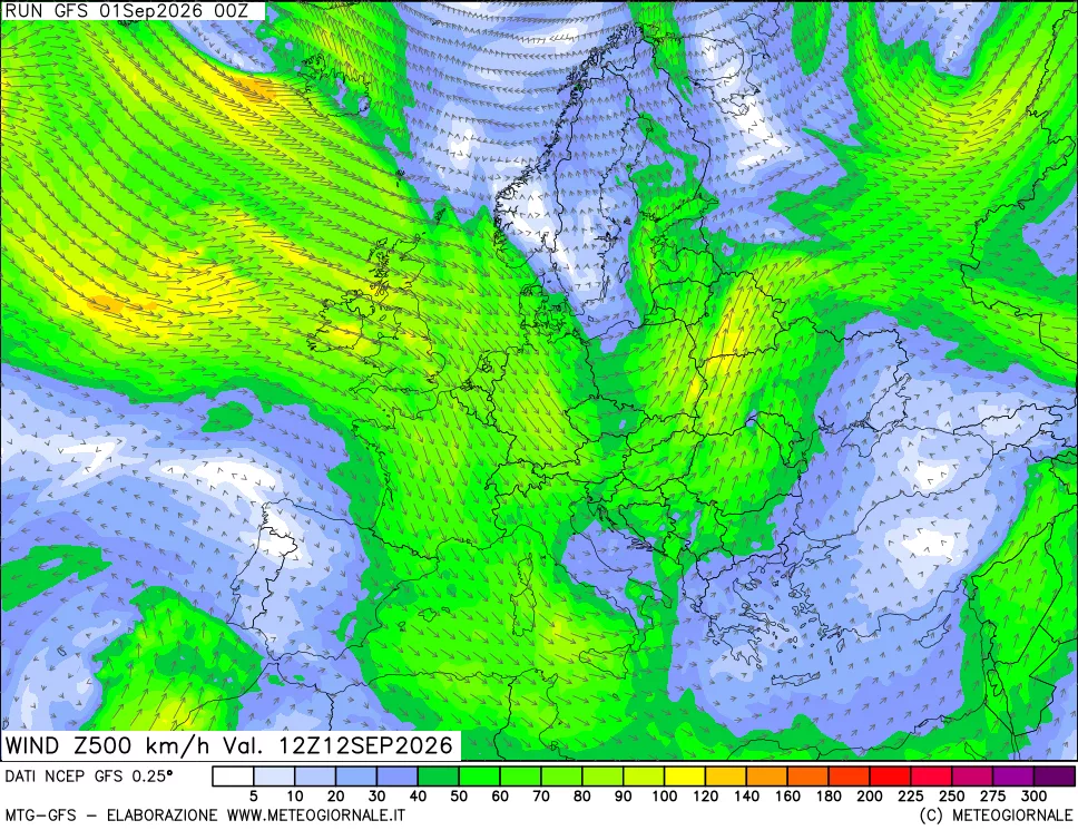 mappa 500 hPa Vento forza e direzione