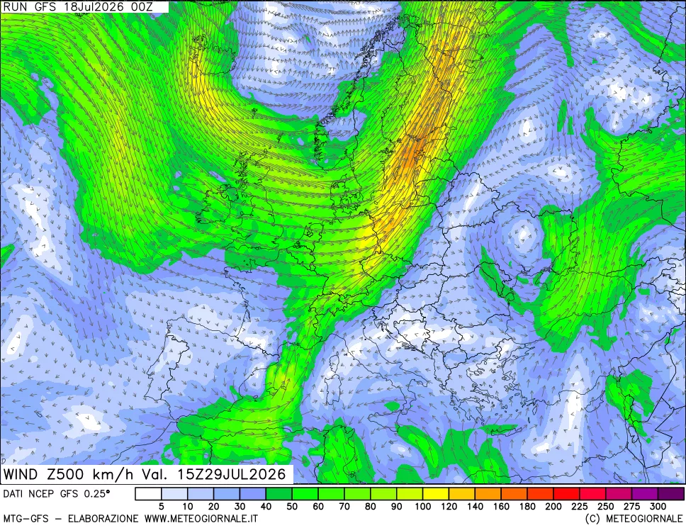 mappa 500 hPa Vento forza e direzione