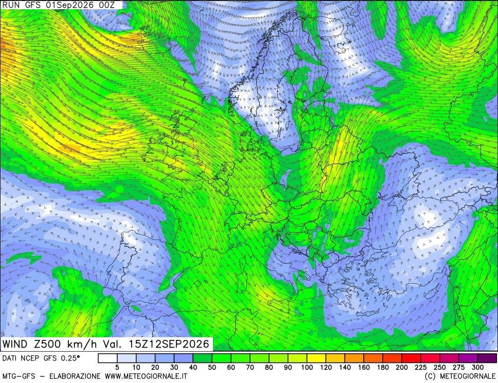 mappa 500 hPa Vento forza e direzione