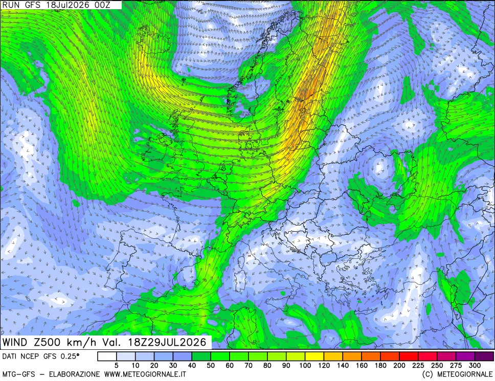 mappa 500 hPa Vento forza e direzione